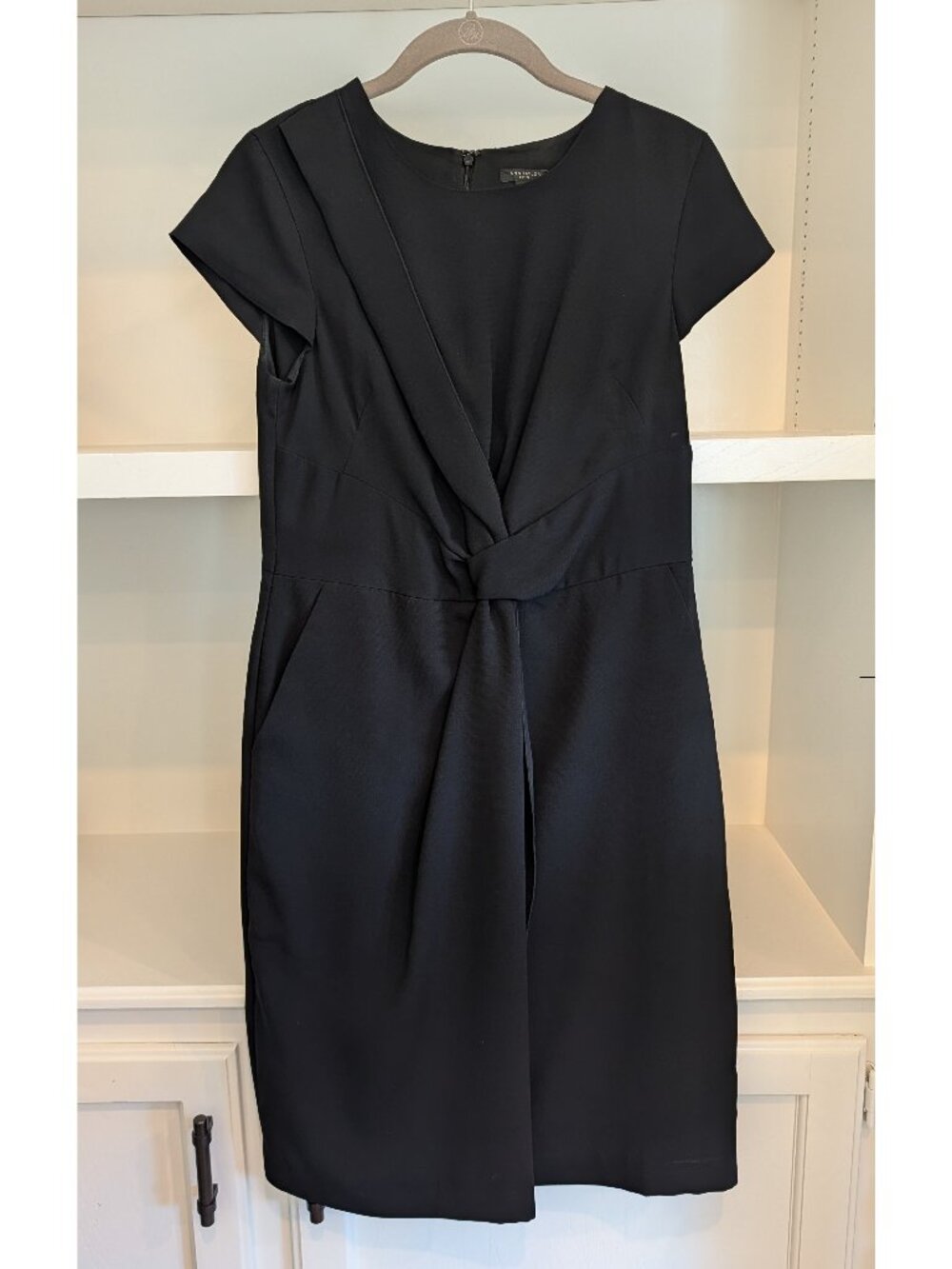 Ann Taylor Black Crepe Dress w/ Faux Wrap Twist Knot & Pockets